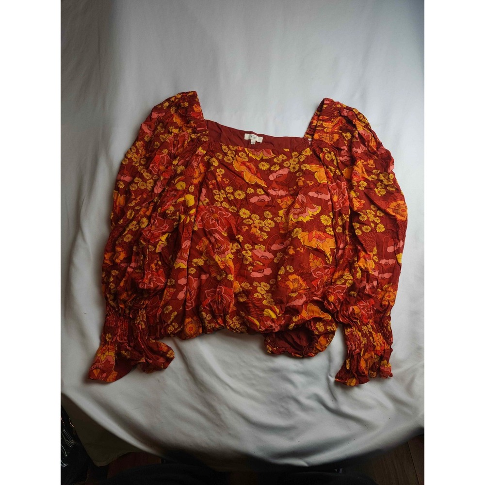 Easel Los Angeles Floral Blouse Rust Red Balloon Sleeve Women's Size Large